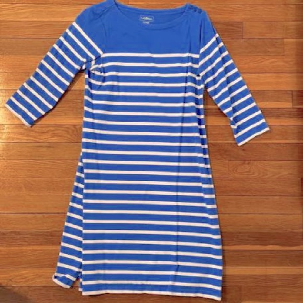 L.L. Bean Nautical Stripe Cotton T-Shirt Dress in Periwinkle Blue and Wh…